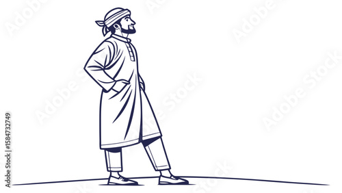 Man in traditional Middle Eastern attire with turban looking up, line art illustration