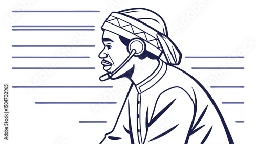 Line Art of Man in Turban with Headset for Communication & Support