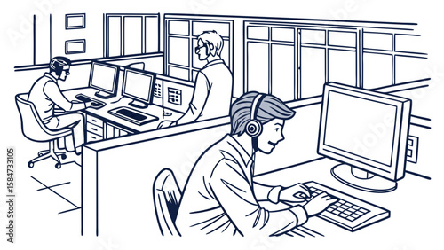 Office workers in cubicles with computers, line art illustration. Business professionals and call center concept.