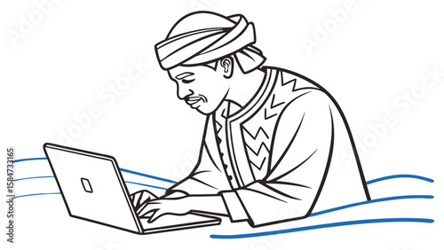 Man in traditional attire and turban using laptop in water. Remote work, digital nomad, global connectivity, line art illustration.