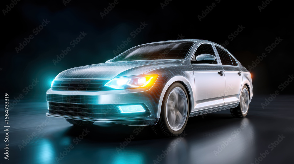 Fototapeta premium Futuristic car with digital overlay, glowing lights, and sleek design on dark background. image conveys innovation and technology