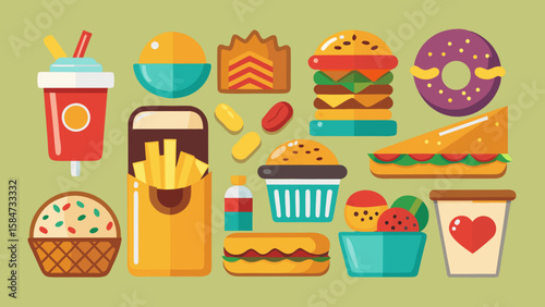 Vector art of a delightful arrangement of fast food favorites and sweet indulgences showcased in a clean, flat vector illustration