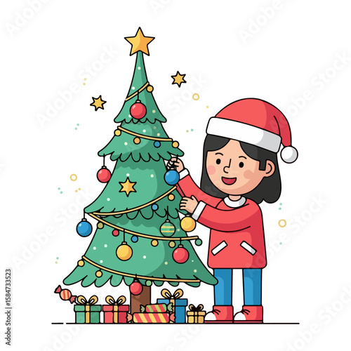 Cartoon character decorating Christmas tree with ornaments. Vector flat design cartoon. AI generated images.	