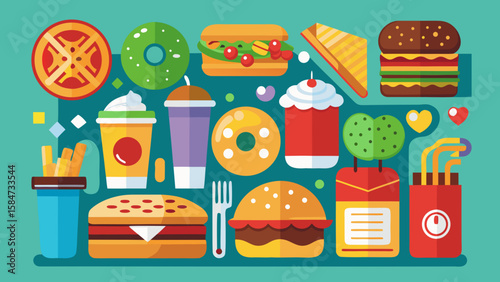 Vector art of an energetic display of popular fast food choices, including burgers, fries, donuts, and refreshing beverages