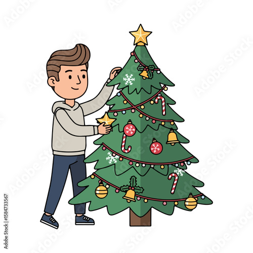 Cartoon character decorating Christmas tree with ornaments. Vector flat design cartoon. AI generated images.	