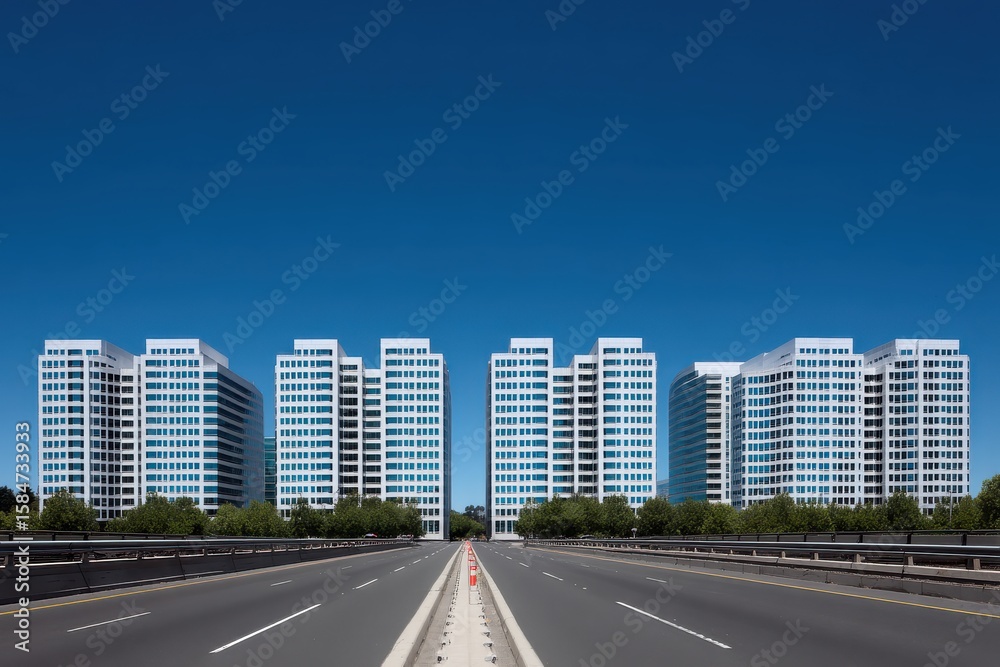 Obraz premium Office Buildings Along Highway on Clear Day