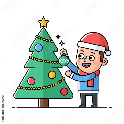 Cartoon character decorating Christmas tree with ornaments. Vector flat design cartoon. AI generated images.	
