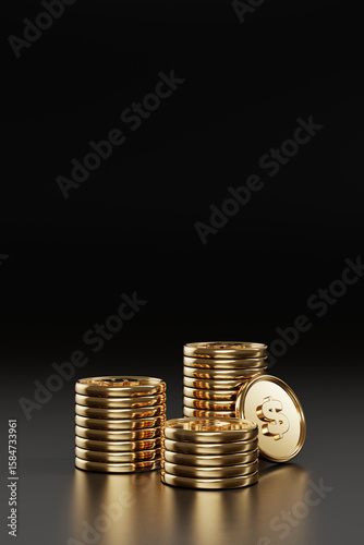 Shiny gold coins stacked on dark background for financial concept. 3D rendering.