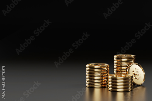 Shiny gold coins stacked on dark background for financial concept. 3D rendering.