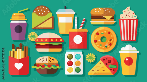 Vector art of a vibrant collection of popular fast food items, including burgers, fries, pizza, and drinks, presented in a colorful flat design style