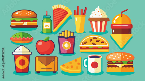 Vector art of a mouthwatering assortment of fast food favorites, featuring delicious burgers, crispy fries, refreshing drinks, and sweet treats, rendered in a vibrant flat design