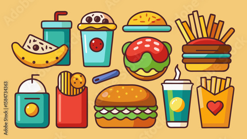 Vector art of a lively display of popular fast food items and snacks, including burgers, fries, drinks, and a banana slice, on a warm yellow backdrop