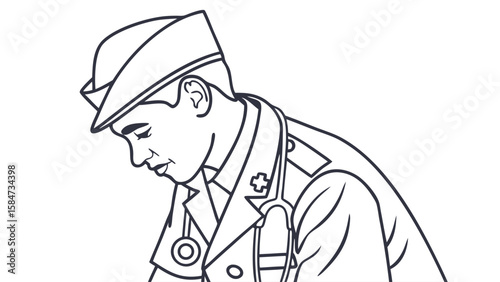 Thoughtful Medical Professional in Uniform with Stethoscope Line Art Illustration