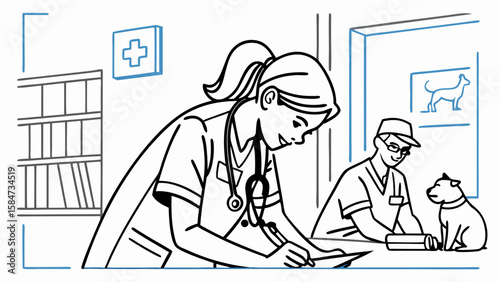 Veterinarian Writing Notes in Animal Clinic with Vet Tech and Dog. Pet Healthcare and Veterinary Care Illustration.