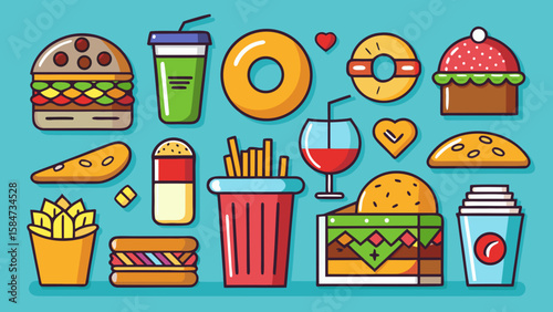 Vector art of a vibrant collection of popular fast food items including burgers, fries, donuts, and drinks, presented in a flat design style