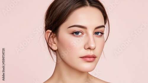 Clean and Modern Portrait of a Woman with Flawless Skin on Pastel Background