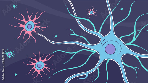 Neuron and glial cells illustration for neuroscience research and medical education purposes in biology class