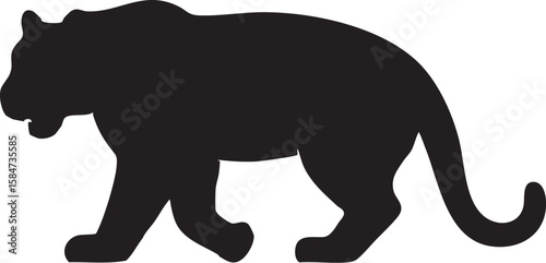 Black silhouette of a tiger walking with its mouth open on a white background animal