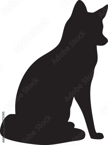 Black silhouette of a sitting fox with pointed ears and a bushy tail on a white background animal