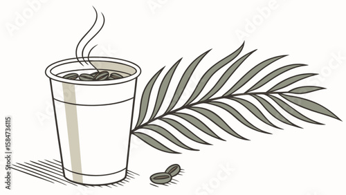 Coffee cup with coffee beans and palm leaf vector art for cafe shop and summer vibes illustration design
