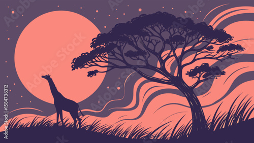 African safari sunset scene with giraffe silhouette and acacia tree vector illustration art design