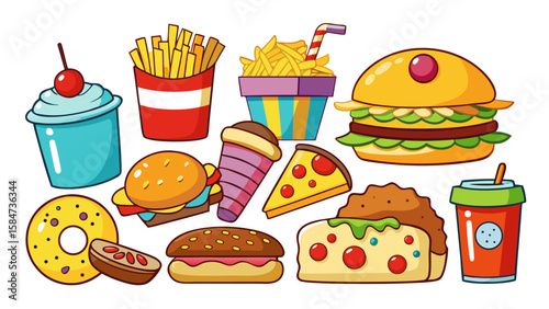 Vector art of a delightful assortment of cartoon fast food and treats, featuring burgers, fries, drinks, pizza, and desserts, arranged in a lively composition