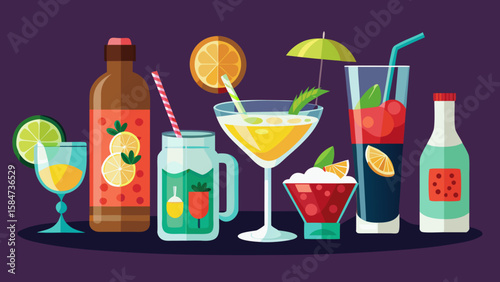Vector art of a vibrant collection of colorful cocktails and drinks with garnishes and umbrellas