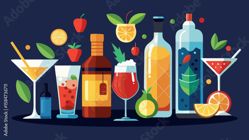 Vector art of a festive arrangement of alcoholic beverages and fruity cocktails for a celebration