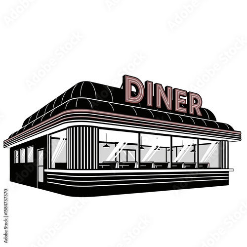 Illustration of a classic American diner with large windows and a prominent "DINER" sign on the roof.