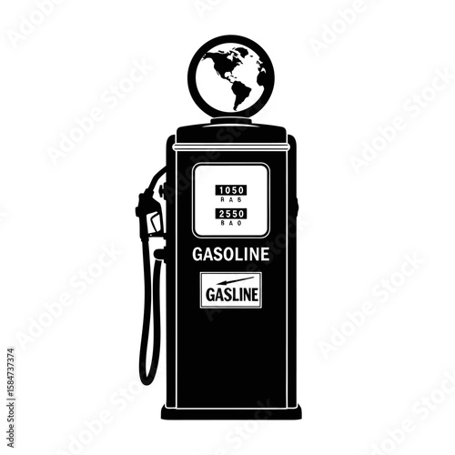 Vintage gasoline pump silhouette, showing a globe atop, against a white background.