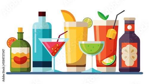 Vector art of a vibrant collection of colorful cocktails and bottles, perfect for a festive occasion