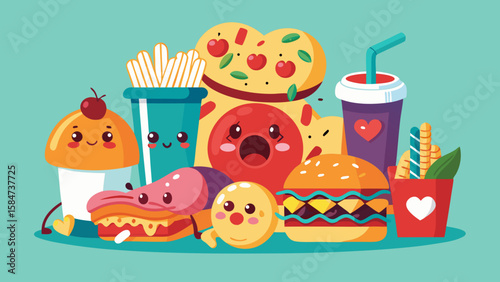 Vector art of a whimsical group of anthropomorphic fast food items, expressing various emotions