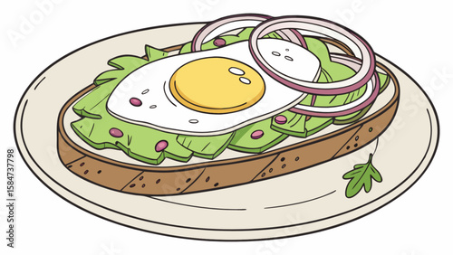 Avocado toast with fried egg and onion rings breakfast recipe healthy food illustration vector design