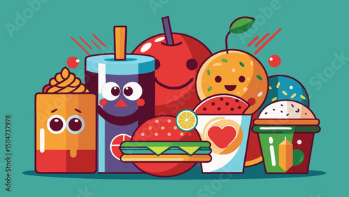 Vector art of a cheerful group of anthropomorphic fast food and fruit characters enjoying a meal together