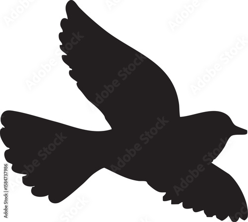 Black silhouette of a bird in flight with wings spread wide against a white background flying
