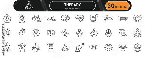 Therapy and mental coaching line icon set with counseling, self-help, emotional support, and psychological care symbols.
