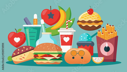 Vector art of a delightful arrangement of happy and funny anthropomorphic fast food and fruit characters