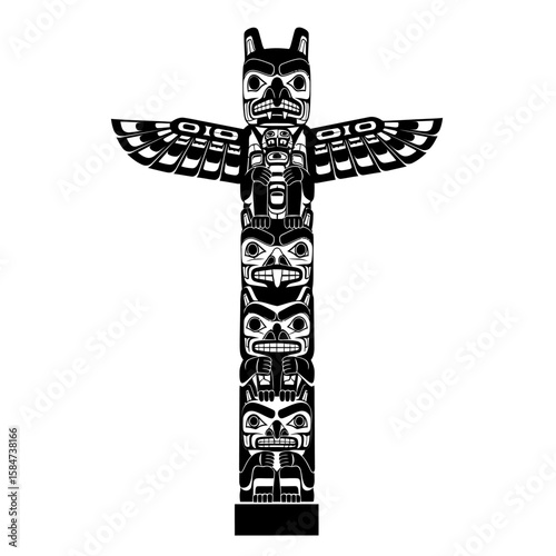 A stylized black and white illustration of a Northwest Coast totem pole featuring an owl and several other carved figures.