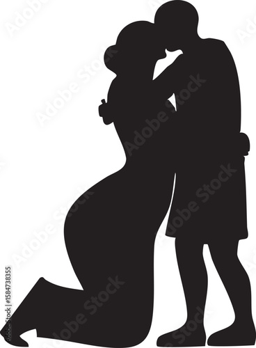 Black silhouette of a couple embracing and kissing with the woman kneeling love embrace