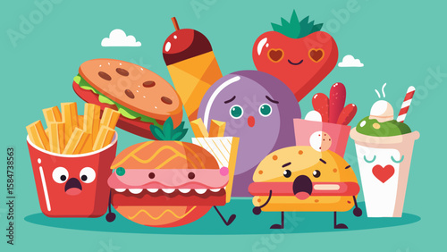 Vector art of a lively group of cartoon fast food characters, including burgers, fries, and ice cream, are gathered together in a fun and colorful illustration