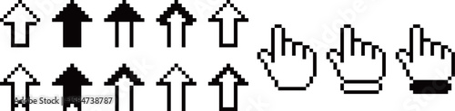 Pixel arrow and hand pointer icons set-Set of retro pixel-style black and white arrow and hand cursor icons, commonly used in UI, games, and digital design.