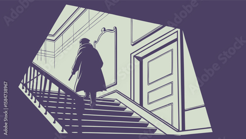 Illustration of a mysterious man walking up stairs in a building interior with shadow and light effect
