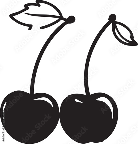Black and white illustration of two cherries with stems and leaves on a white background cherry