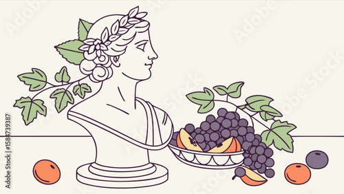Still life drawing of greek bust with fruit bowl grapes and leaves vector art design illustration 100