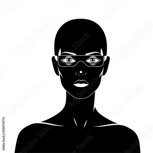 Black and white silhouette of a woman with glasses,  serious expression.