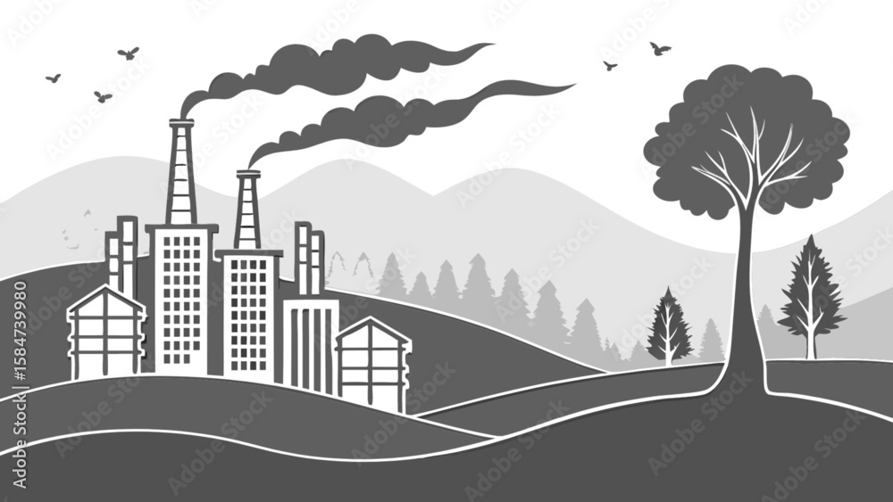 Obraz premium Factory pollution vs nature concept vector illustration landscape with trees and industrial buildings