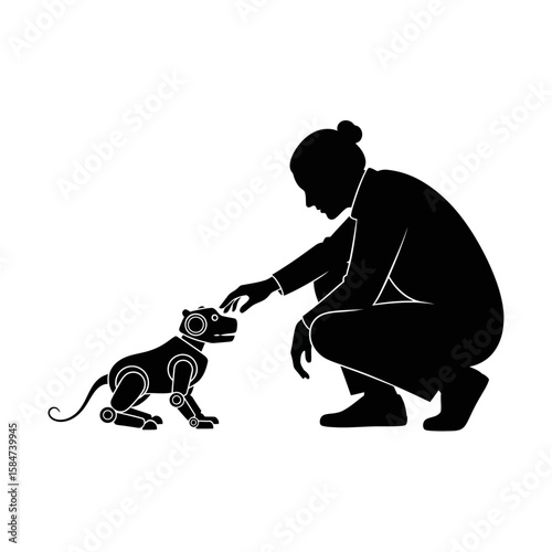 A person gently interacting with a robotic dog, a silhouette illustration of companionship and technology.