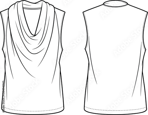 Women’s sleeveless cowl neck top fashion flat sketch, apparel vector, cad drawing, stylish blouse for clothing design template