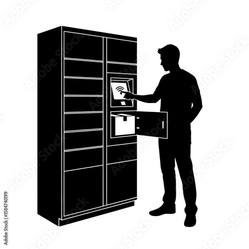 Man using a self-service parcel locker, retrieving a package via touchscreen interface.