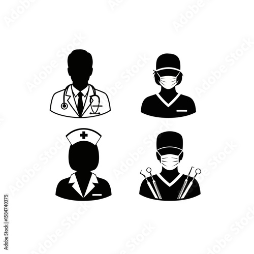 Four medical professional icons: doctor, surgeon, nurse, and dentist, depicted in black and white.